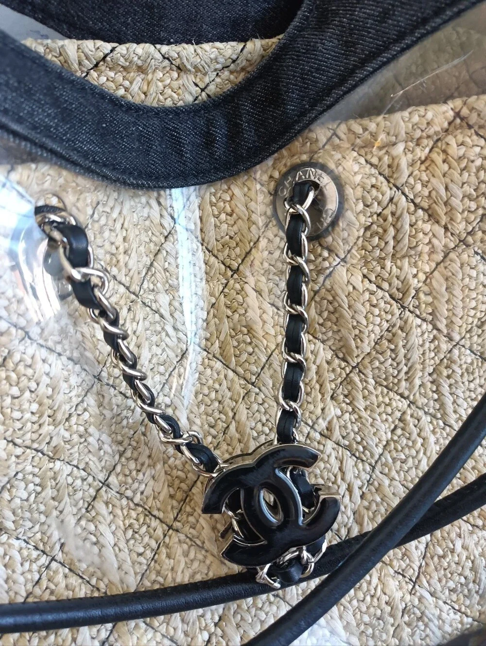 Chanel 31 Shopping Clear PVC Bag with A Beige Pouch Insert and Black Denim Trim